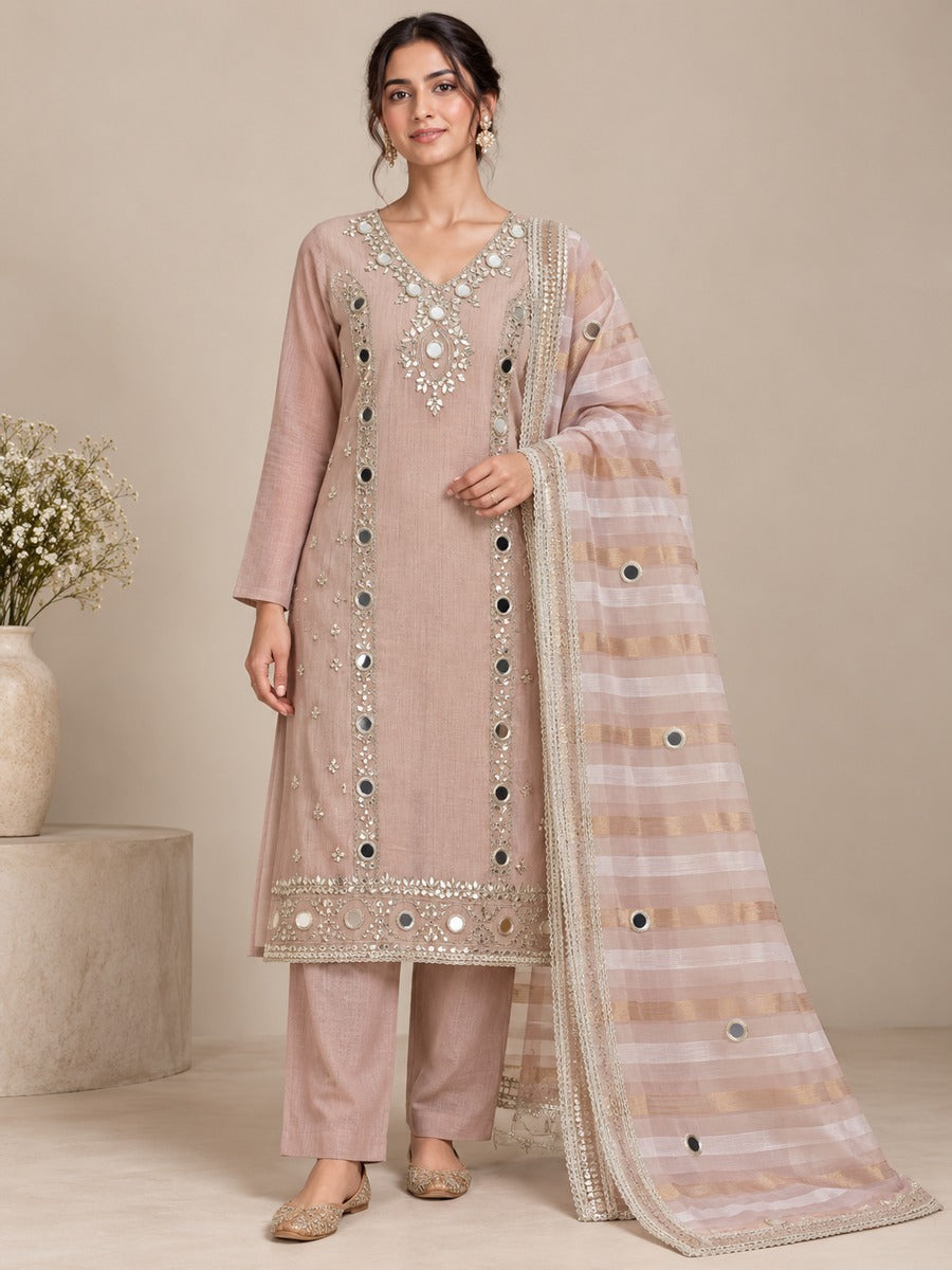 Chanderi Silk Mirror Work Unstitched Dress Material with Dupatta