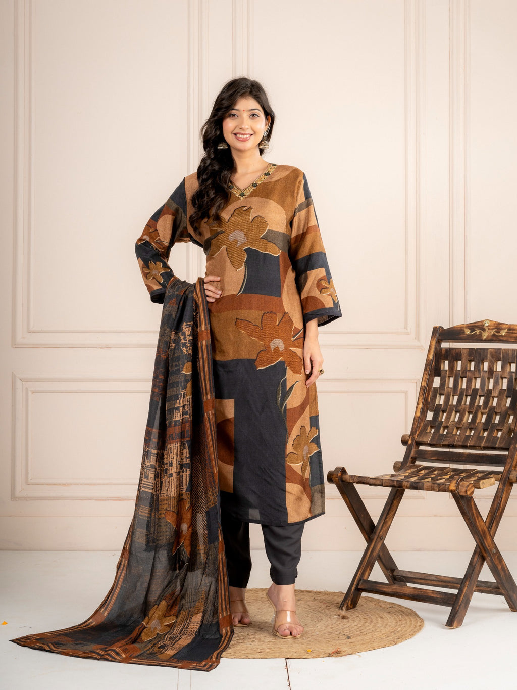 Deep Grey & Brown Floral Printed Viscose Silk Suit Set with Dupatta