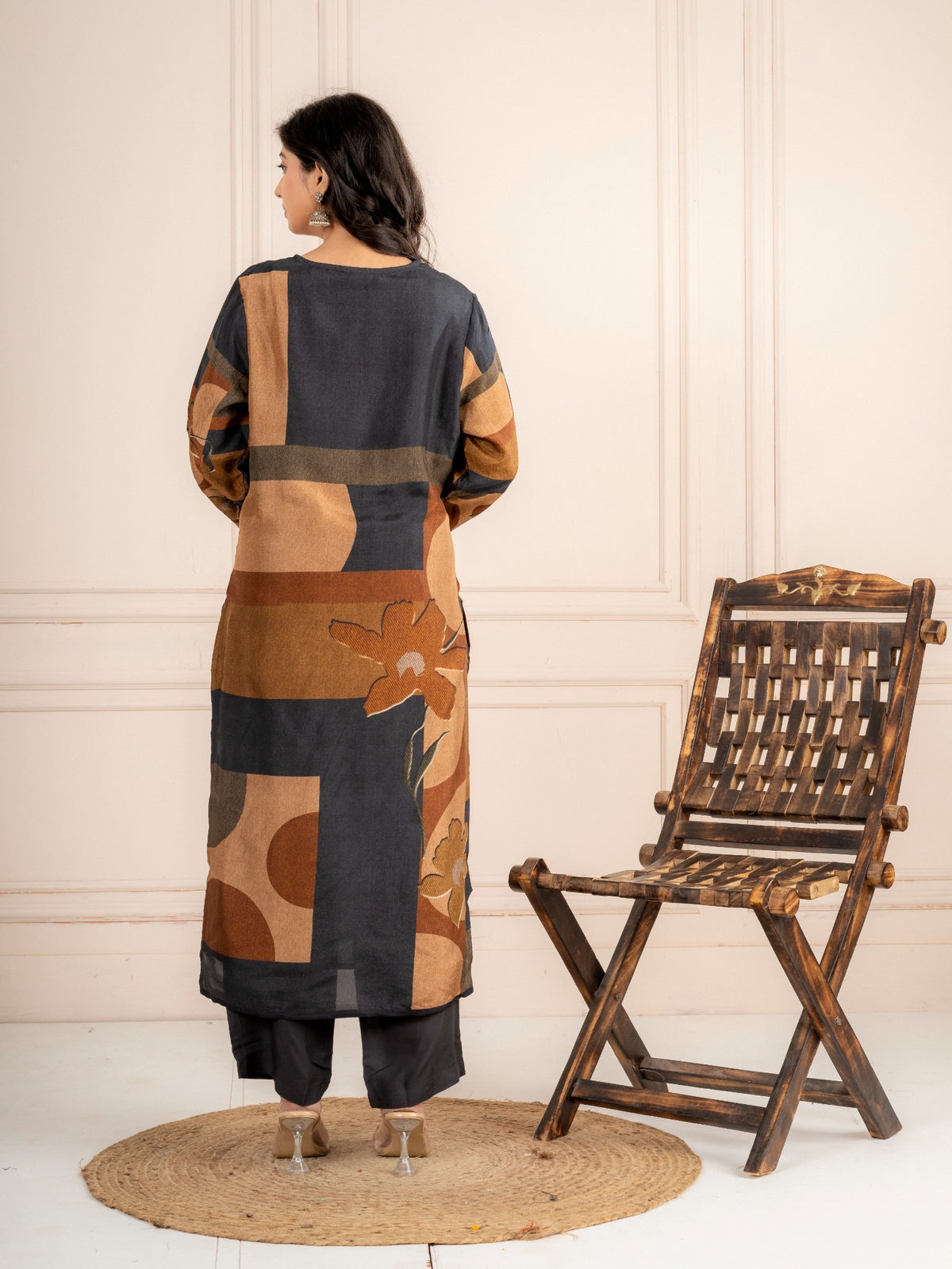 Deep Grey & Brown Floral Printed Viscose Silk Suit Set with Dupatta