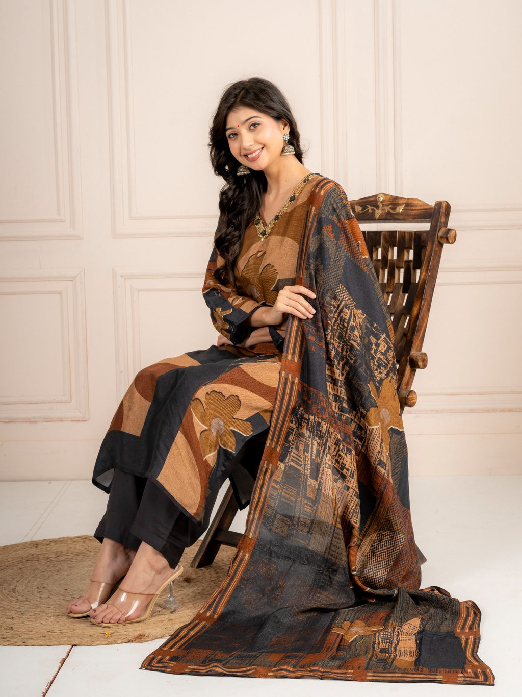 Deep Grey & Brown Floral Printed Viscose Silk Suit Set with Dupatta