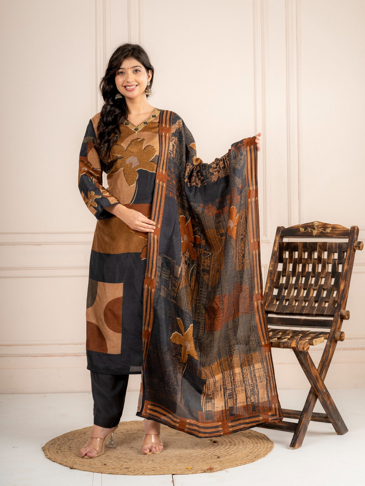 Deep Grey & Brown Floral Printed Viscose Silk Suit Set with Dupatta