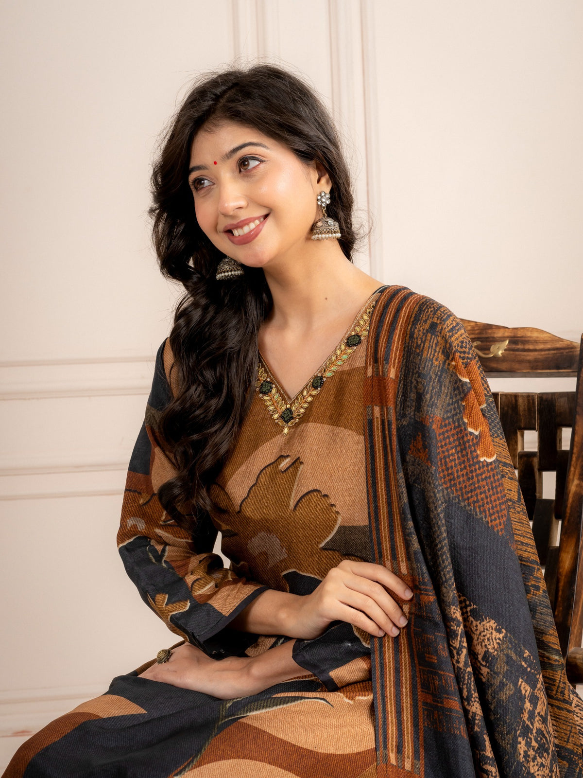 Deep Grey & Brown Floral Printed Viscose Silk Suit Set with Dupatta