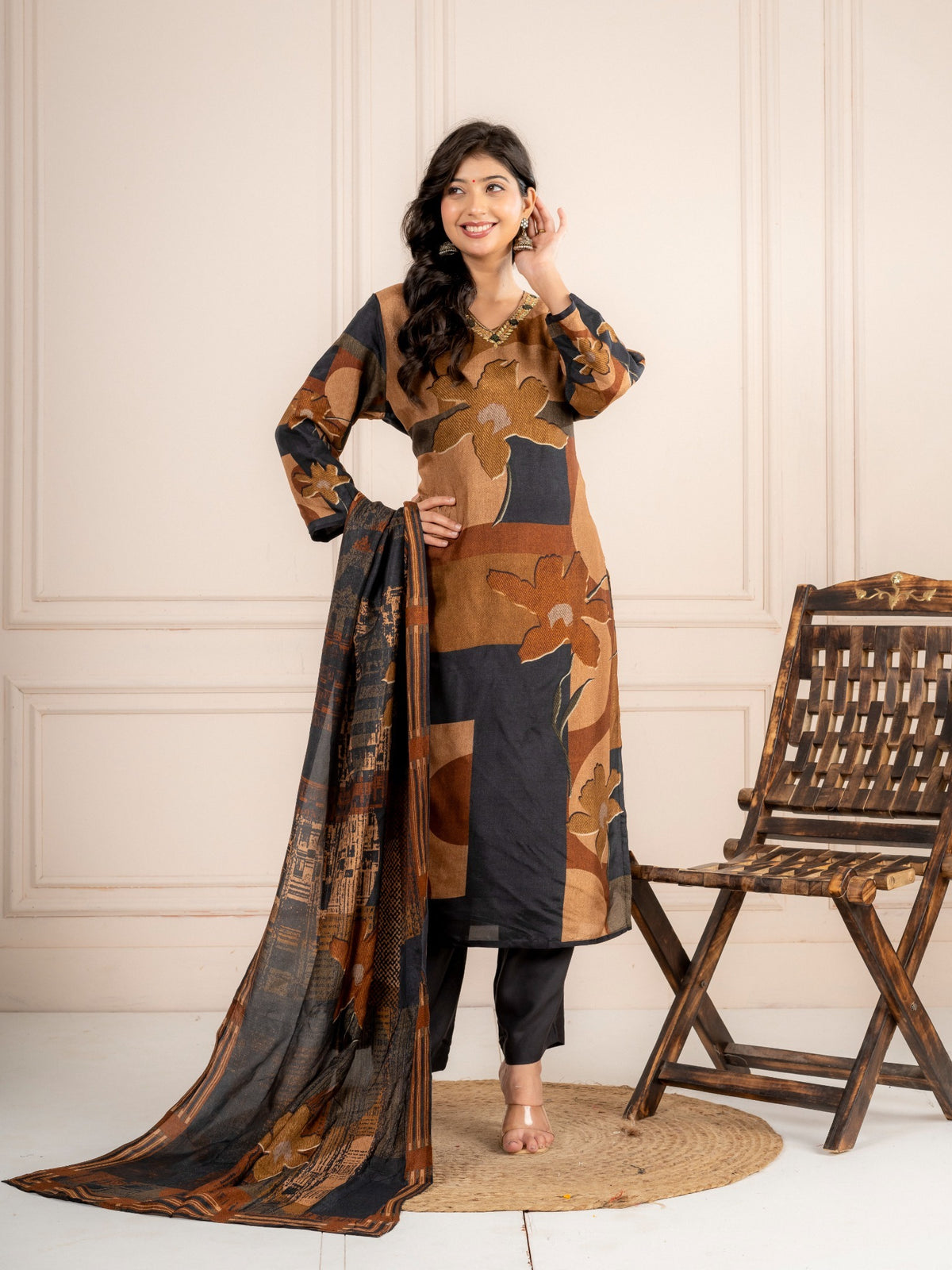 Deep Grey & Brown Floral Printed Viscose Silk Suit Set with Dupatta