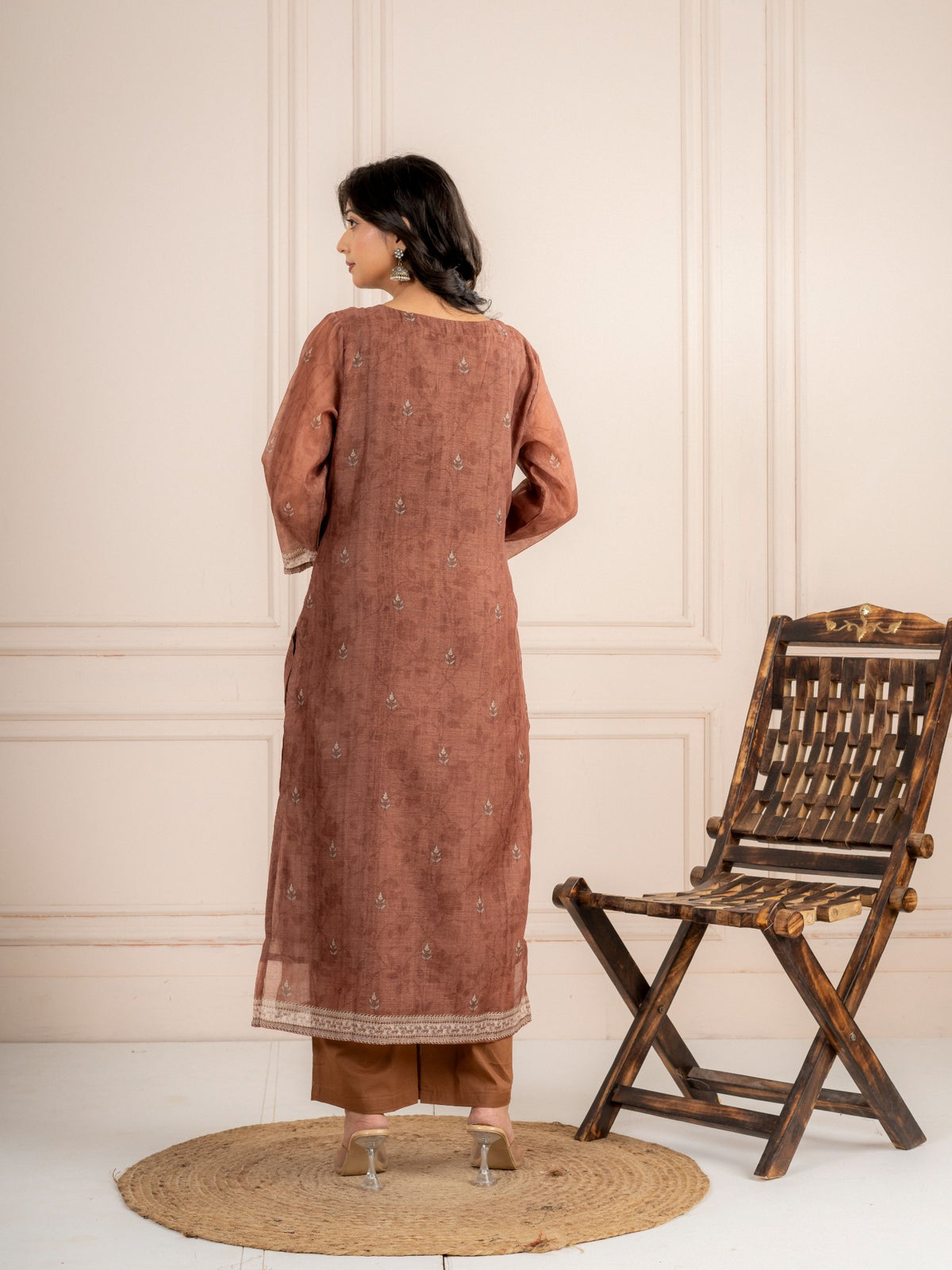 Brown Chanderi Silk Printed Suit Set with Dupatta