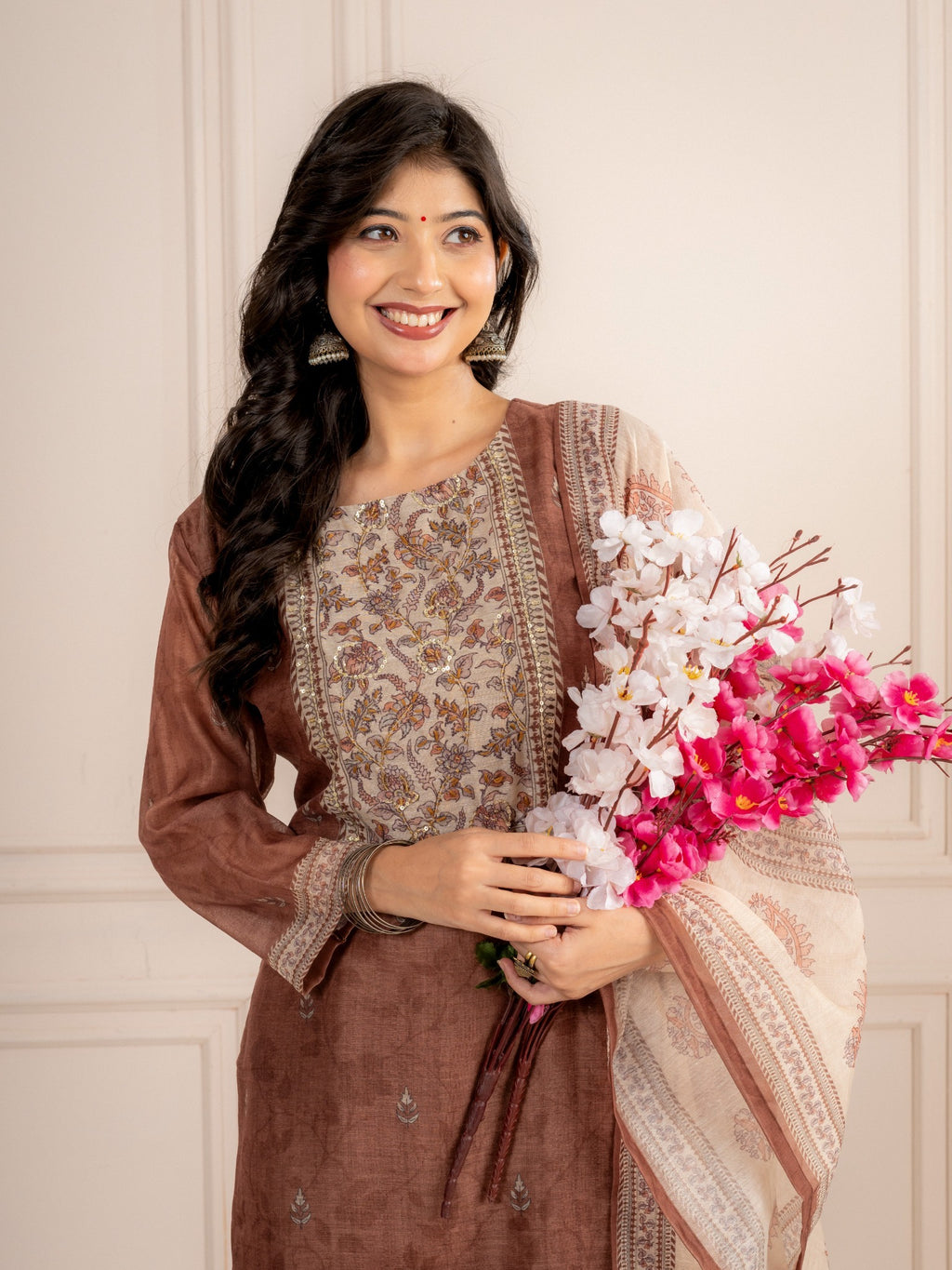Brown Chanderi Silk Printed Suit Set with Dupatta