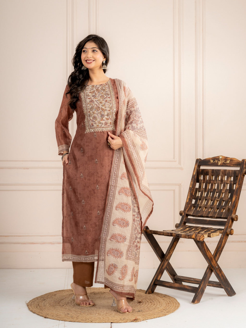 Brown Chanderi Silk Printed Suit Set with Dupatta