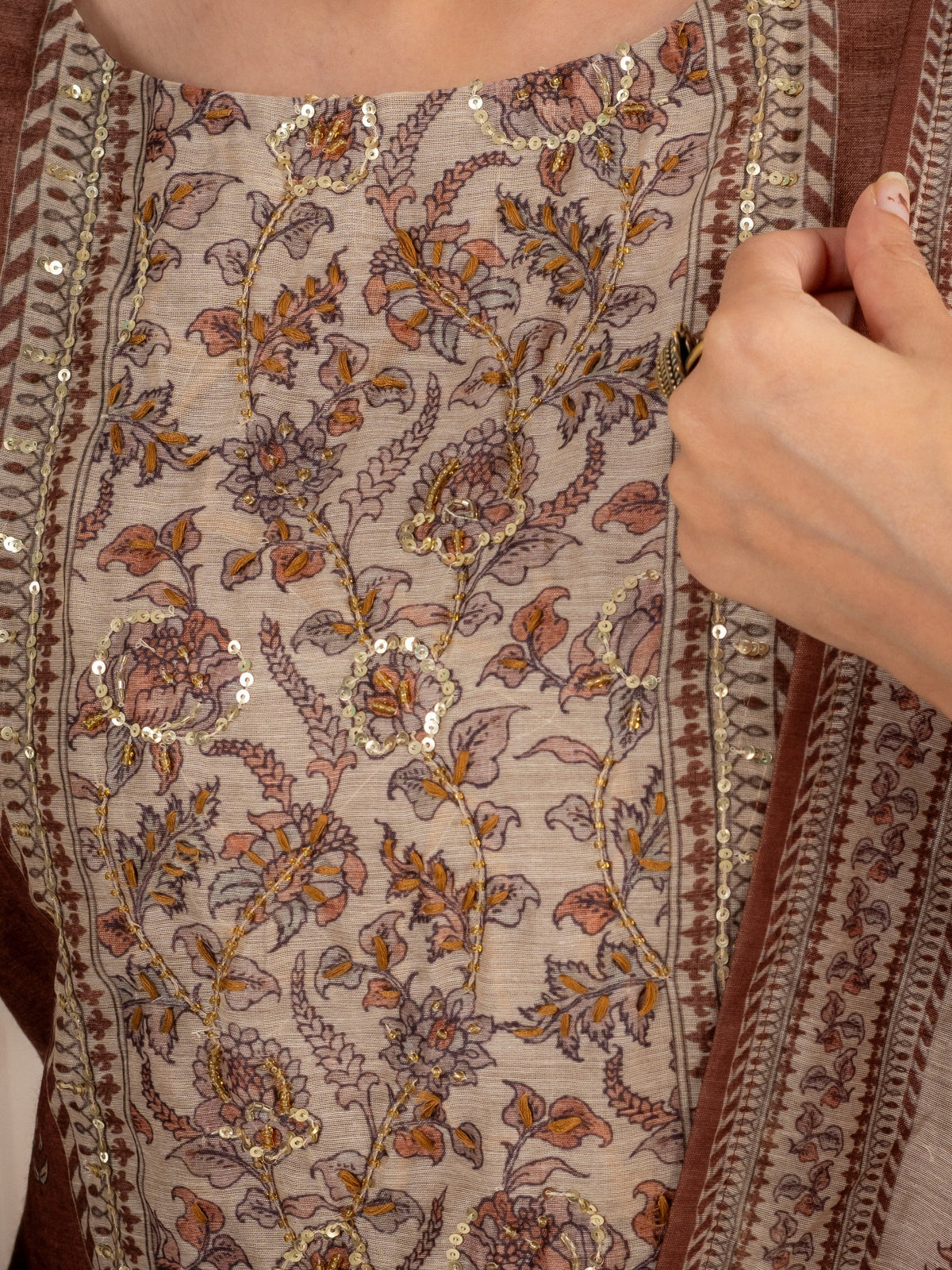 Brown Chanderi Silk Printed Suit Set with Dupatta