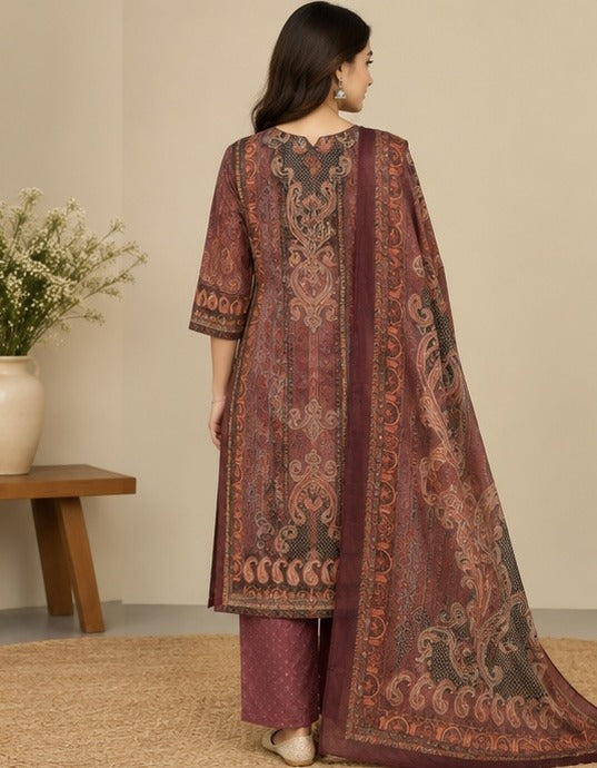 Rust Paisley Printed Cotton Blend Salwar Kurta Dupatta Set