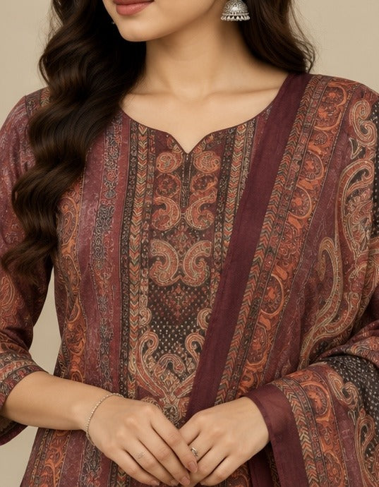 Rust Paisley Printed Cotton Blend Salwar Kurta Dupatta Set