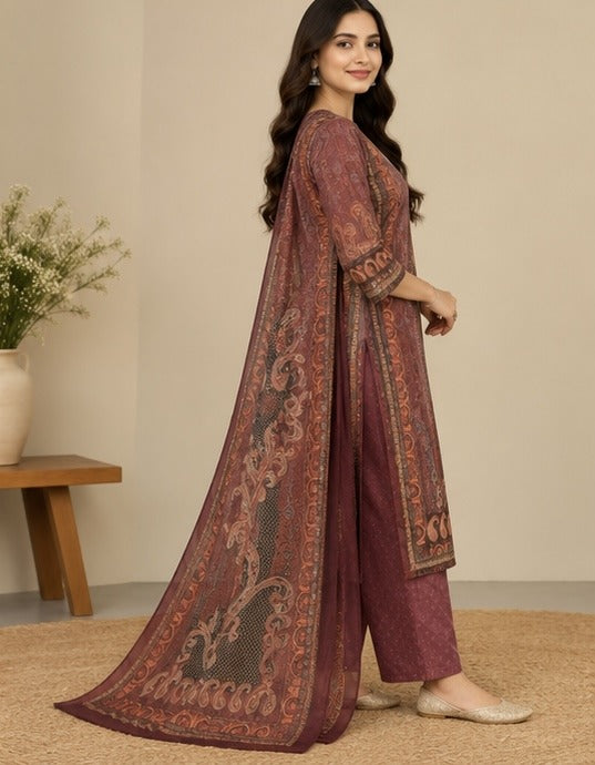 Rust Paisley Printed Cotton Blend Salwar Kurta Dupatta Set