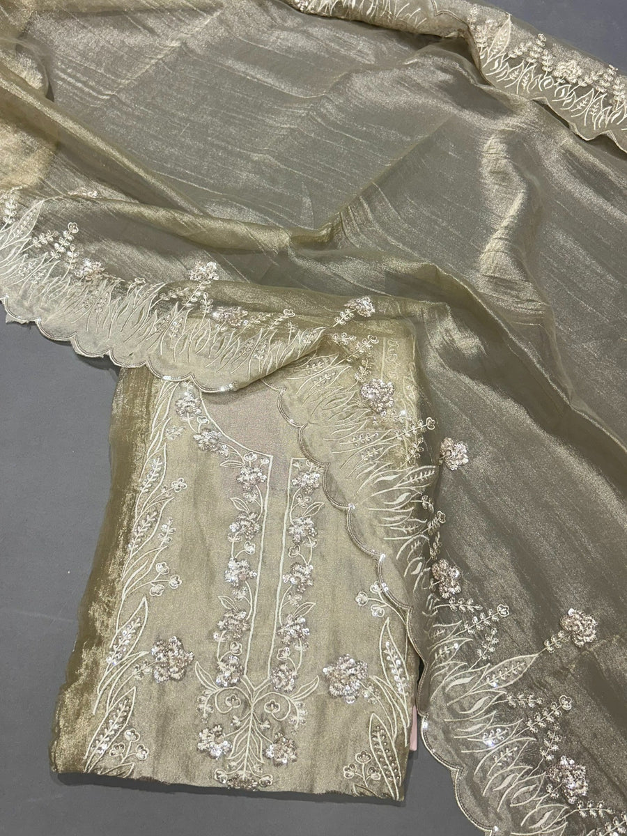 Golden Embroidered Tissue Silk Unstitched Dress Material