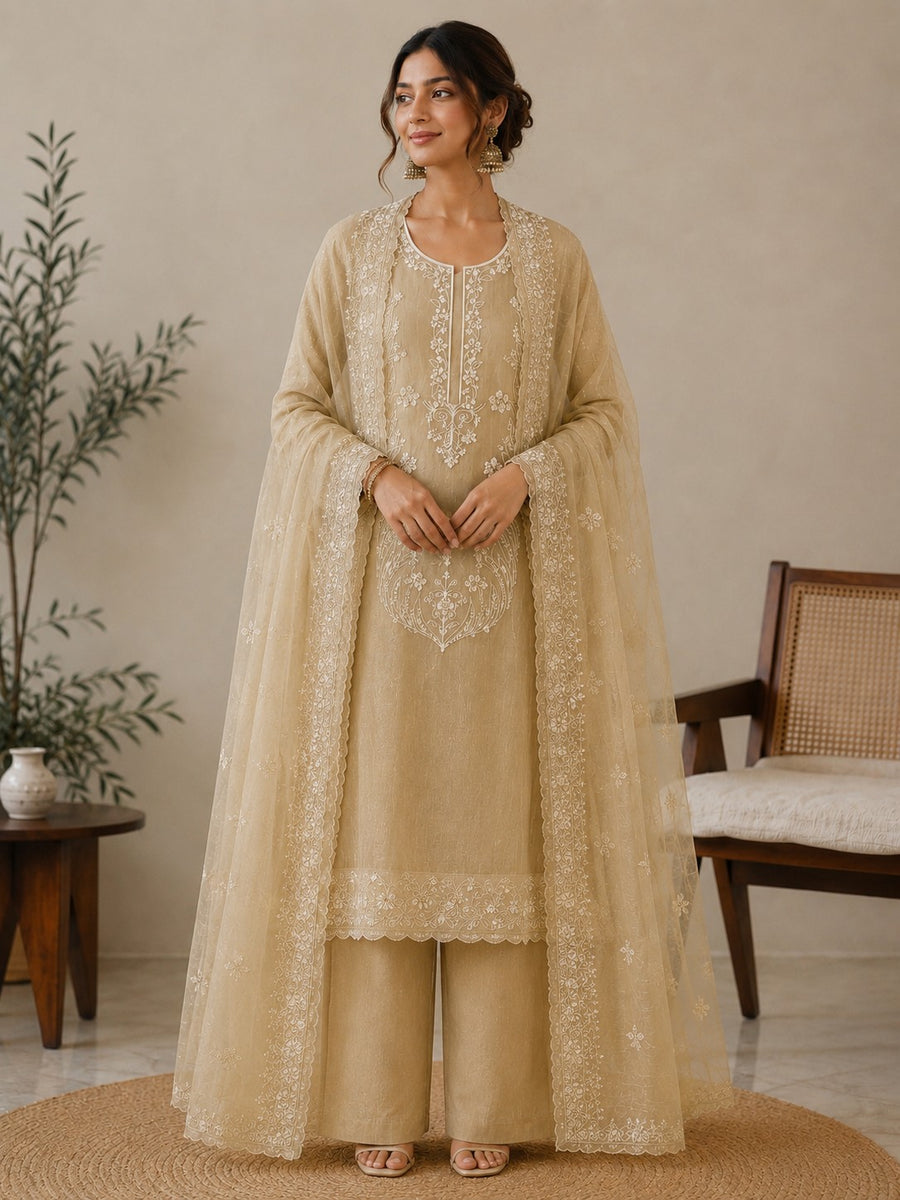 Golden Embroidered Tissue Silk Unstitched Dress Material