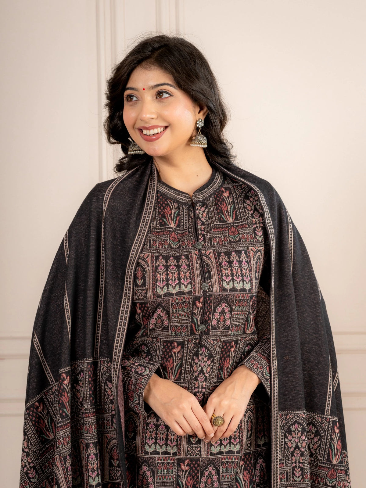 Anthra Printed Wool Blend Suit Set with Dupatta