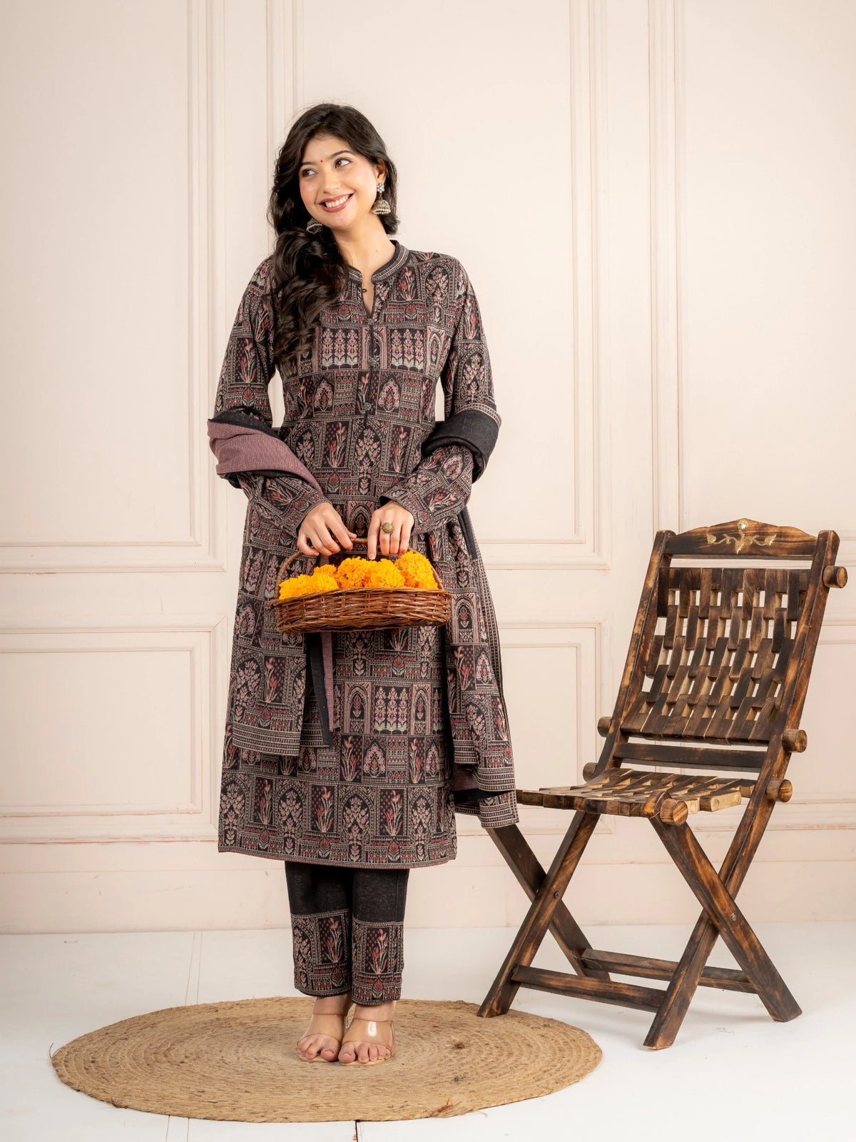 Anthra Printed Wool Blend Suit Set with Dupatta