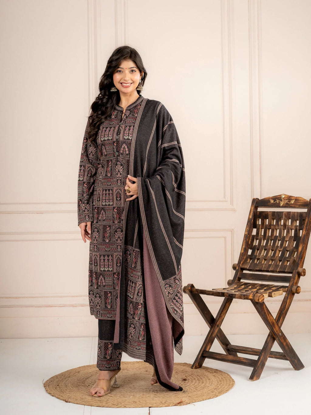 Anthra Printed Wool Blend Suit Set with Dupatta