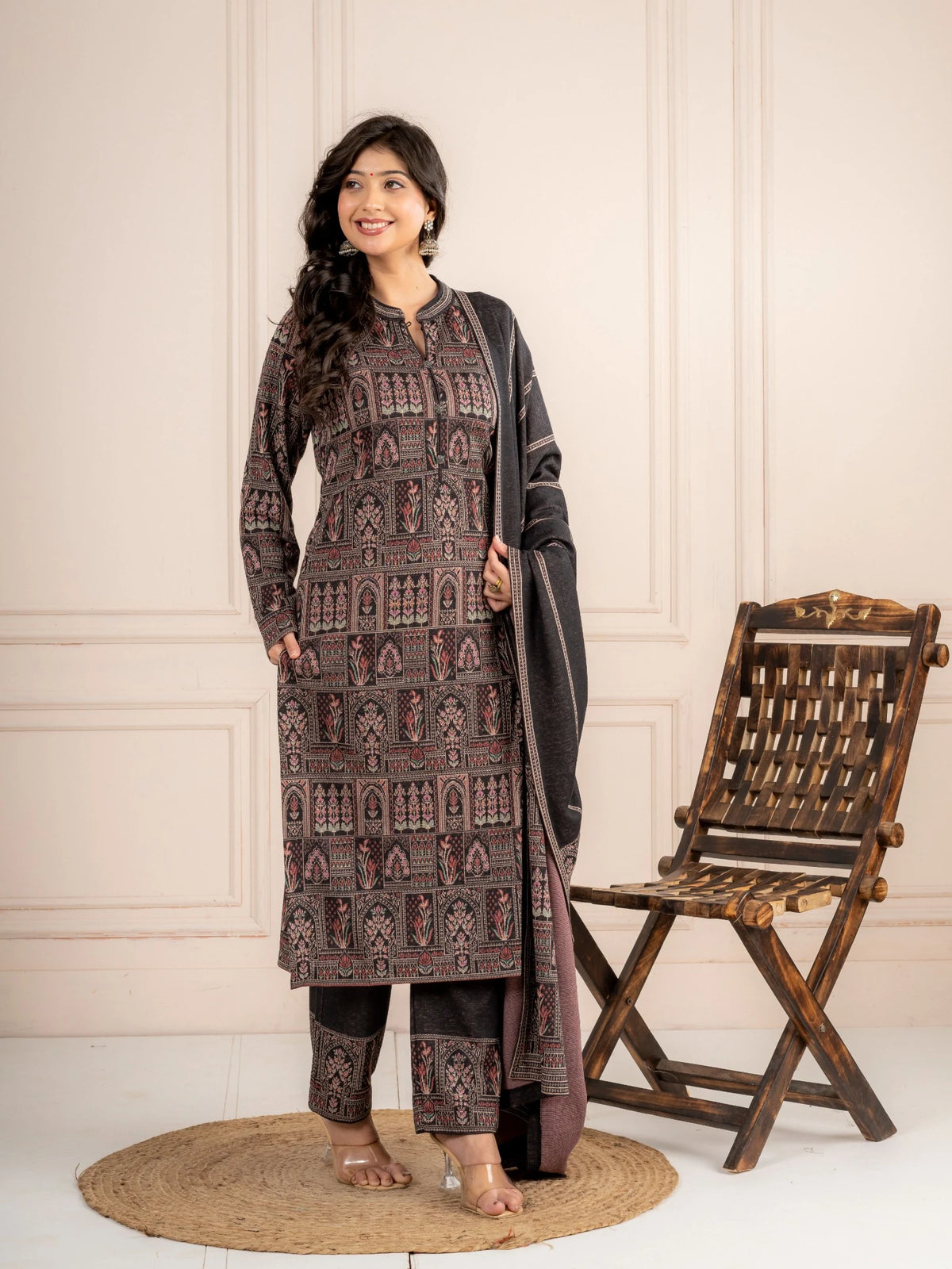 Anthra Printed Wool Blend Suit Set with Dupatta