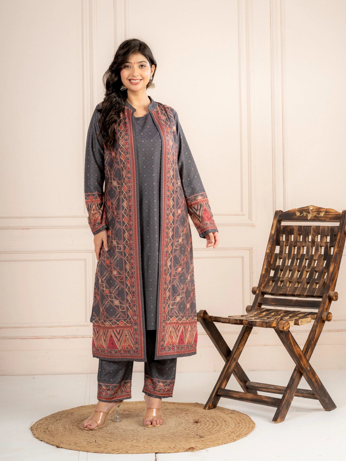 Black Wool Blend Winter Suit Set with Printed Long Jacket