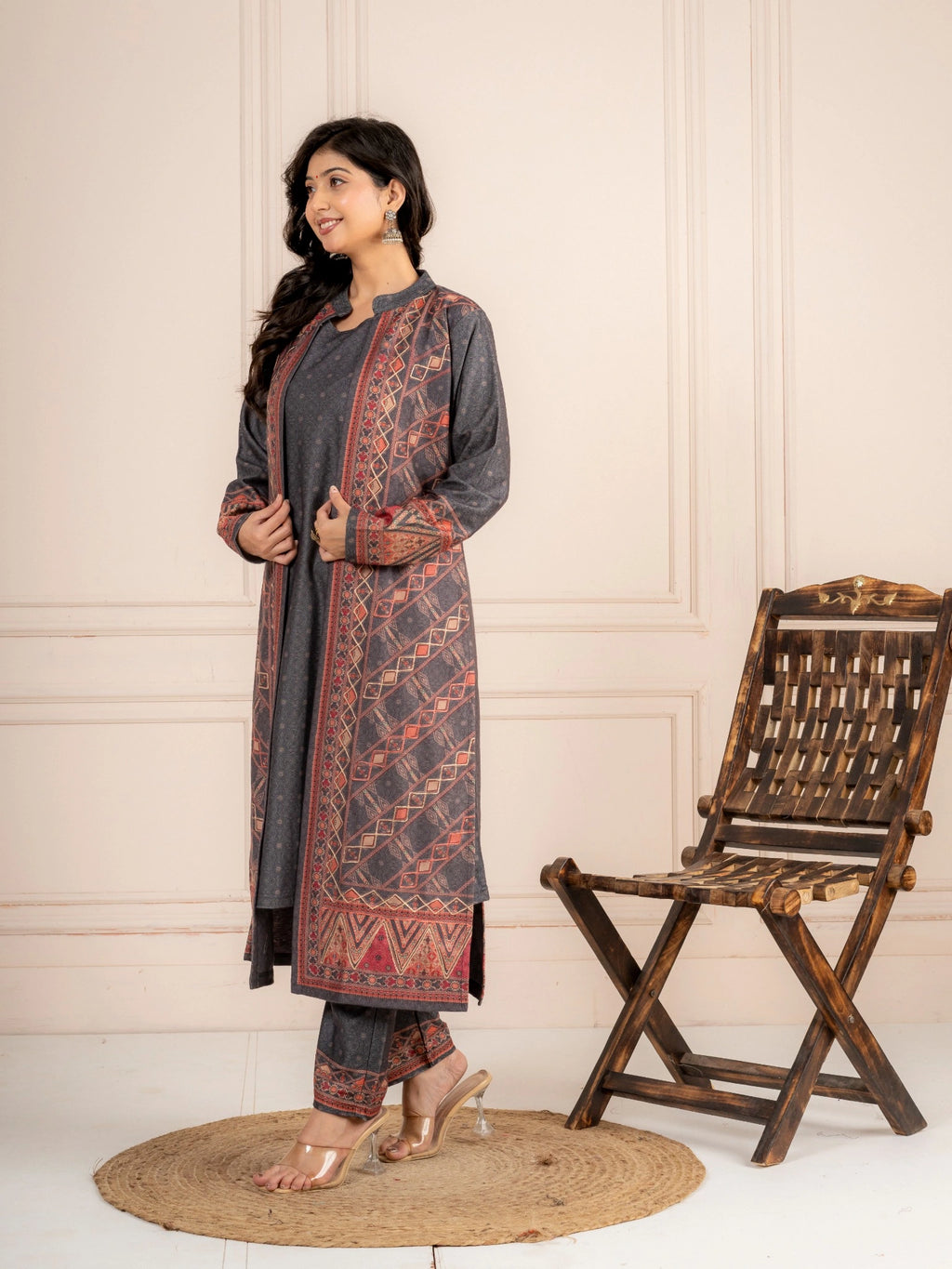 Black Wool Blend Winter Suit Set with Printed Long Jacket