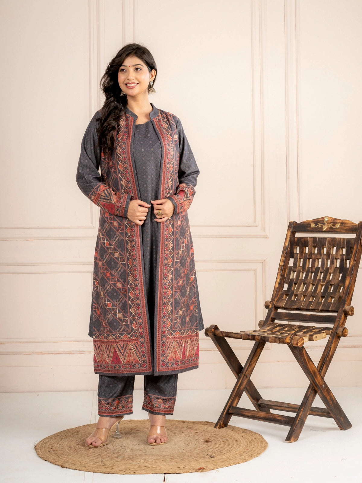 Black Wool Blend Winter Suit Set with Printed Long Jacket