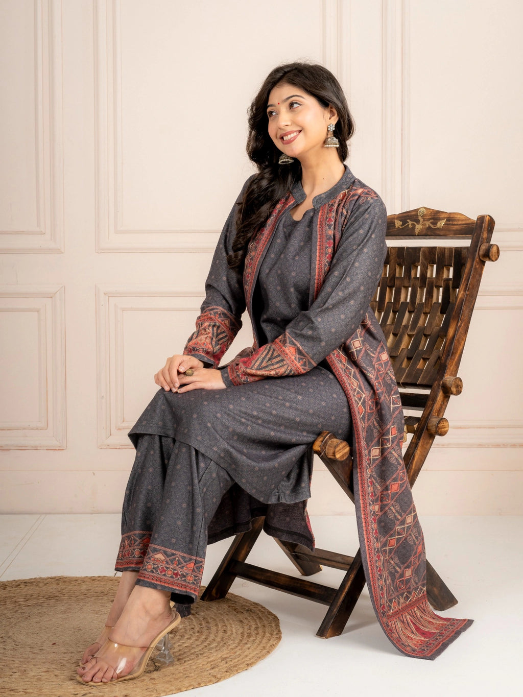 Black Wool Blend Winter Suit Set with Printed Long Jacket