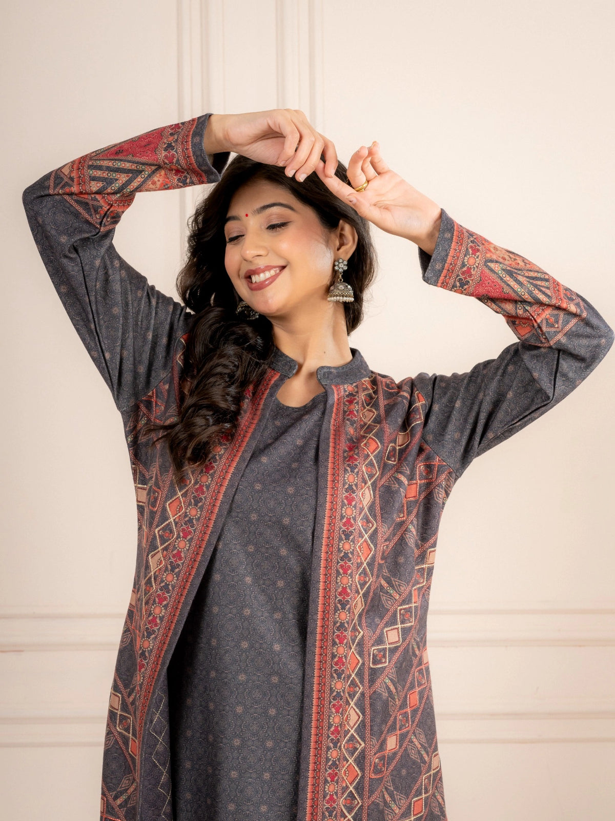 Black Wool Blend Winter Suit Set with Printed Long Jacket