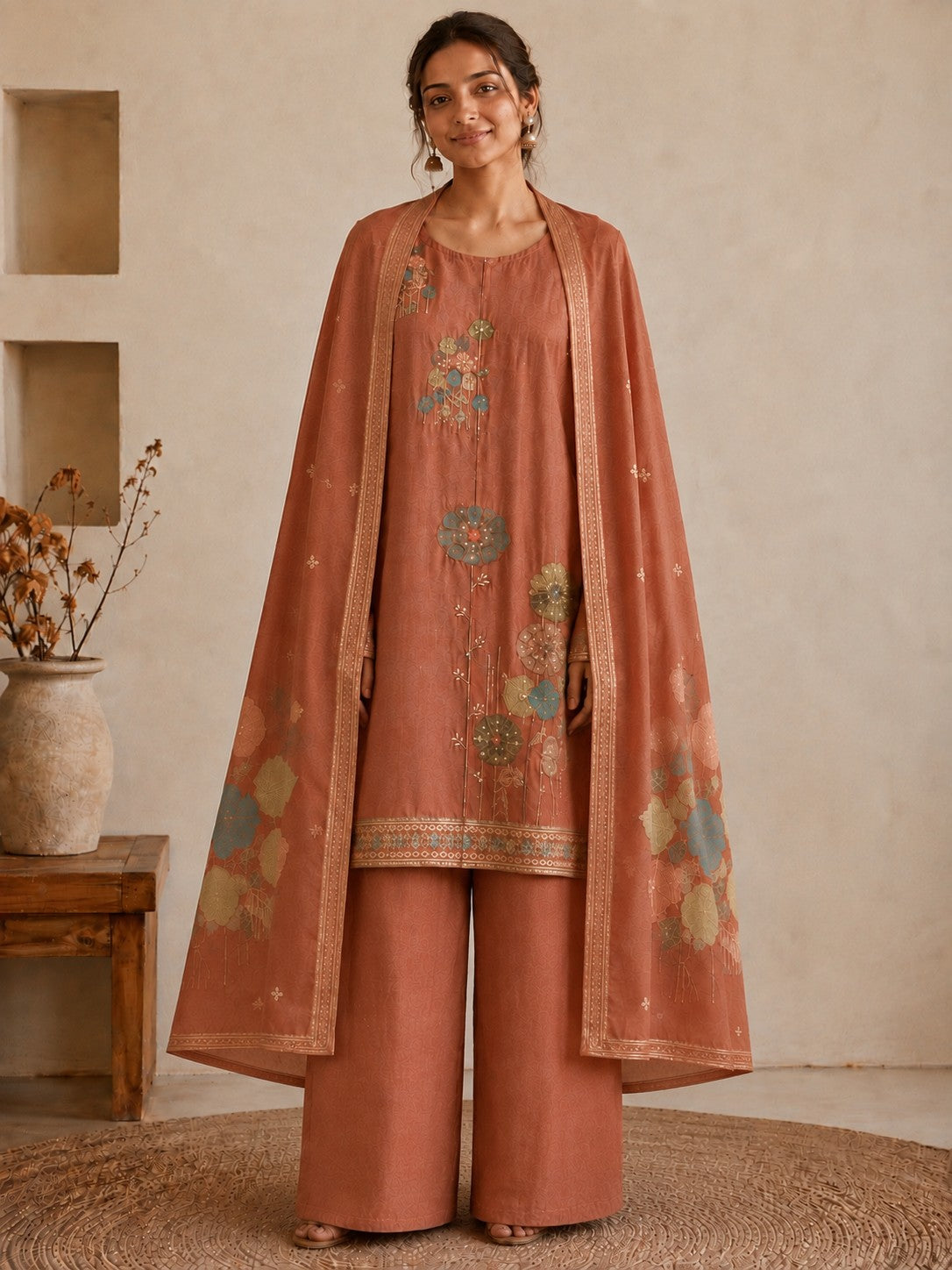 Mocha Brown Viscose Organza Unstitched Dress Material