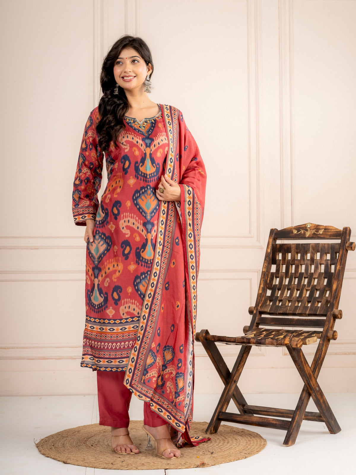 Dusty Rose Printed Viscose Silk Suit Set with Dupatta