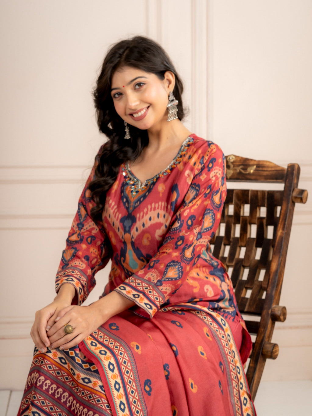 Dusty Rose Printed Viscose Silk Suit Set with Dupatta