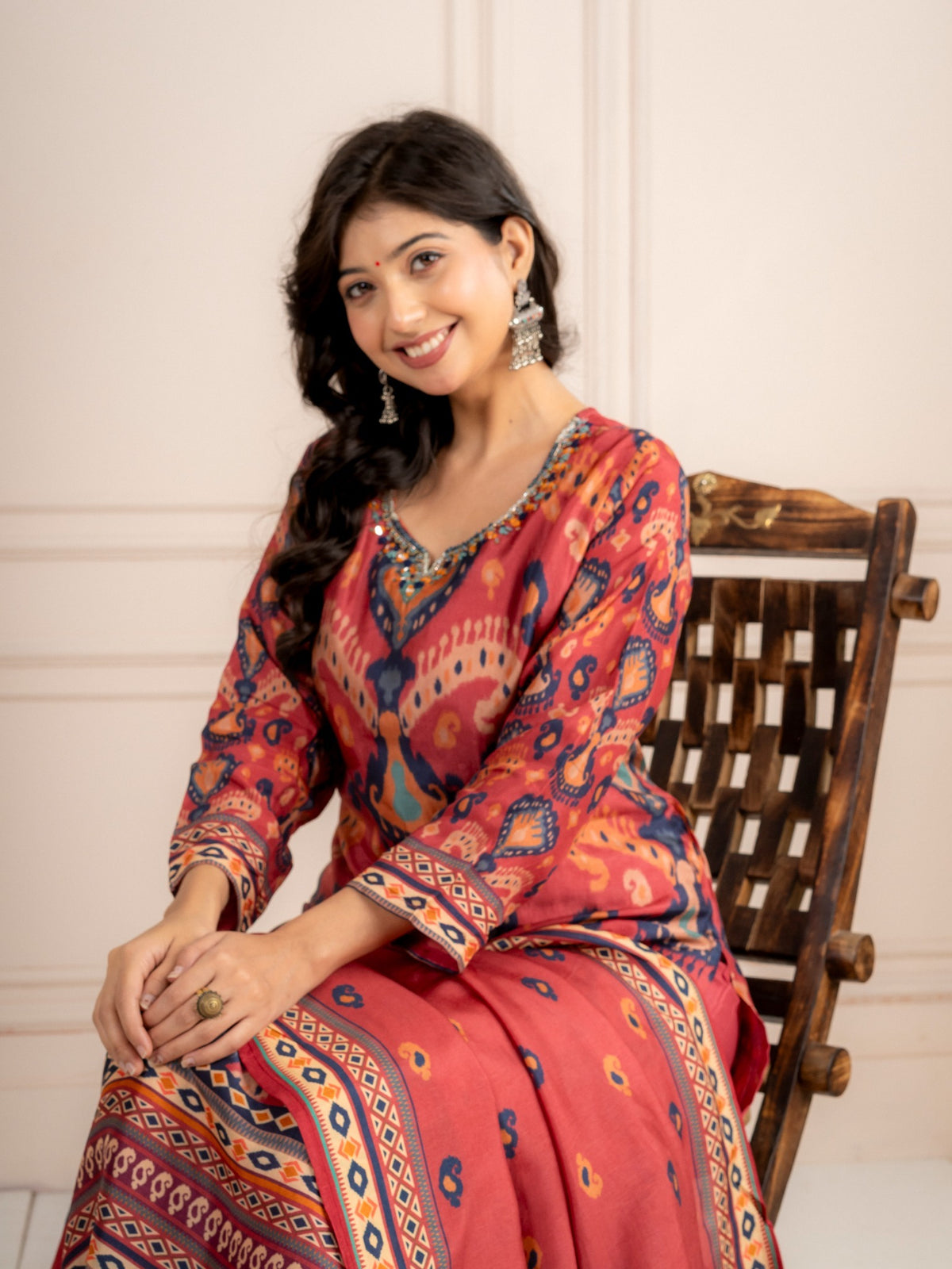 Dusty Rose Printed Viscose Silk Suit Set with Dupatta