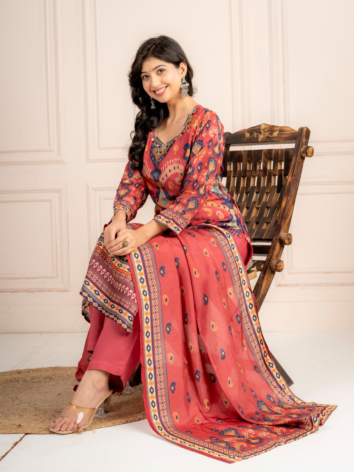 Dusty Rose Printed Viscose Silk Suit Set with Dupatta