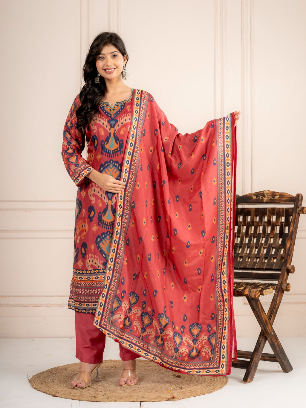 Dusty Rose Printed Viscose Silk Suit Set with Dupatta