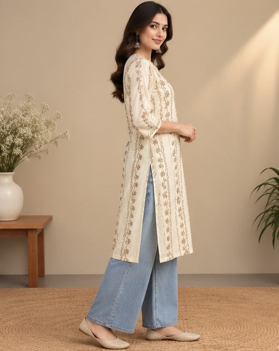 Cream Printed Cotton Blend Kurti for Women
