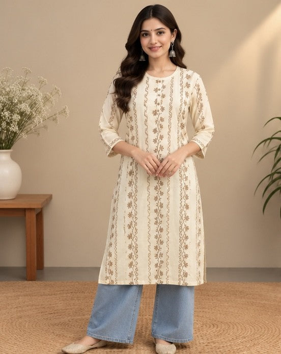 Cream Printed Cotton Blend Kurti for Women