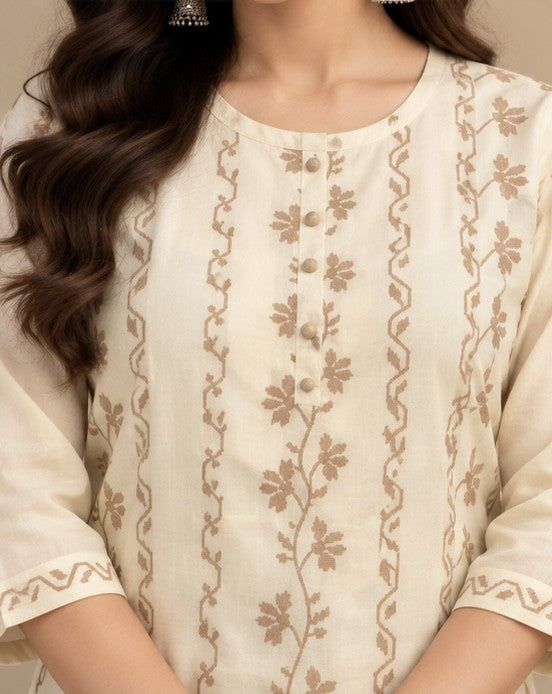 Cream Printed Cotton Blend Kurti for Women