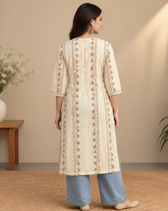 Cream Printed Cotton Blend Kurti for Women