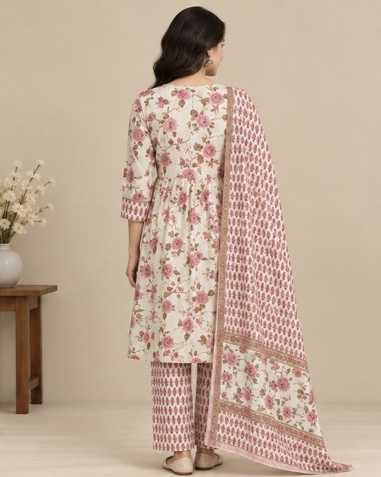 Women’s Pink Cotton Floral Printed Salwar Kurta Dupatta Set
