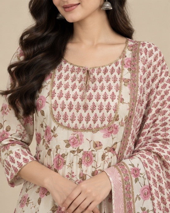 Women’s Pink Cotton Floral Printed Salwar Kurta Dupatta Set