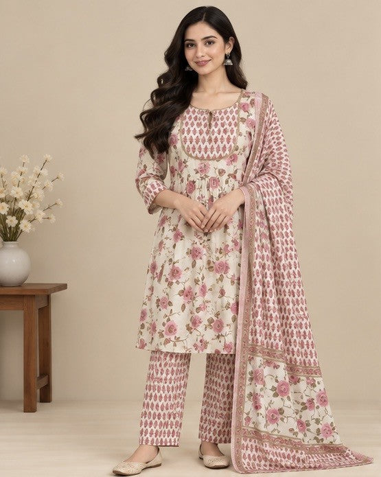 Women’s Pink Cotton Floral Printed Salwar Kurta Dupatta Set
