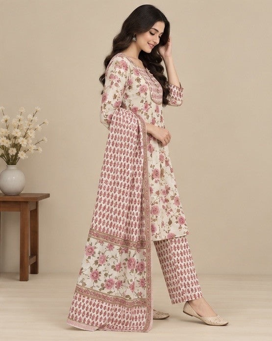 Women’s Pink Cotton Floral Printed Salwar Kurta Dupatta Set
