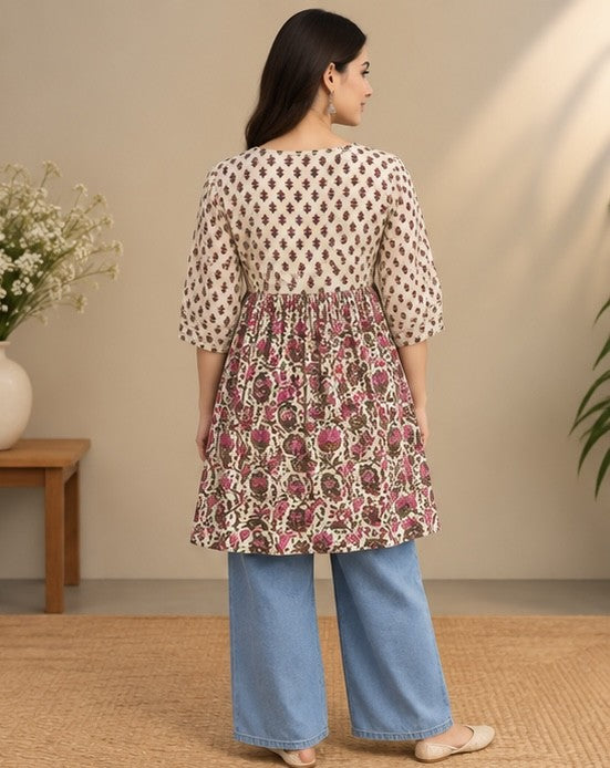 Ivory Printed Cotton Kurti for Women