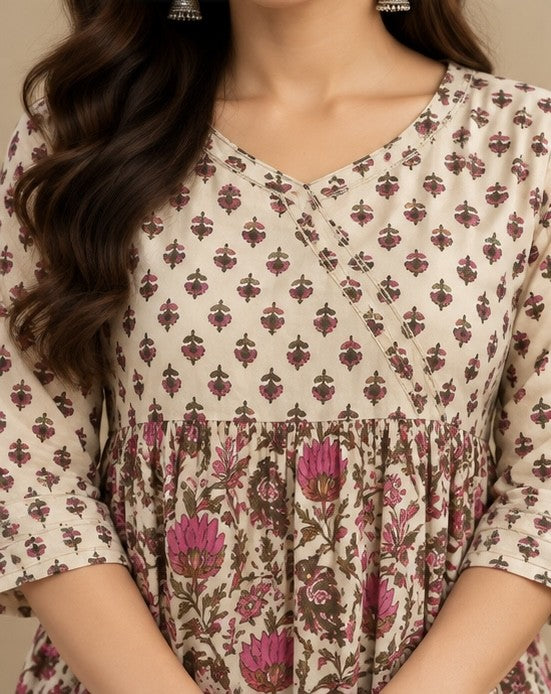 Ivory Printed Cotton Kurti for Women