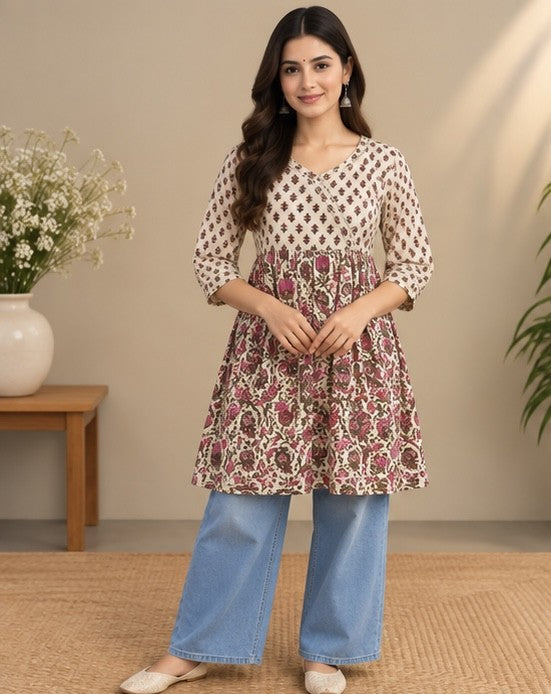 Ivory Printed Cotton Kurti for Women