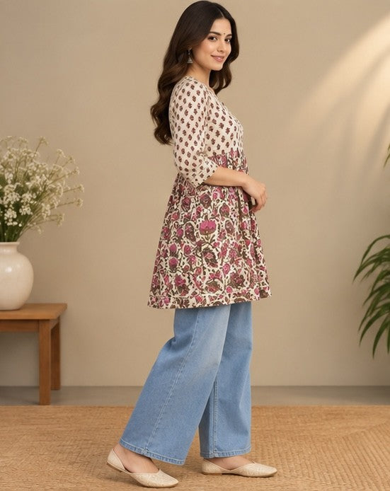 Ivory Printed Cotton Kurti for Women