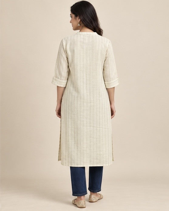 Off-White Linen Straight Kurti for Women with Button Detail