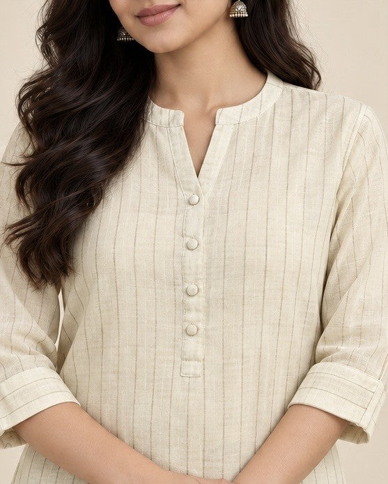 Off-White Linen Straight Kurti for Women with Button Detail
