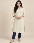 Off-White Linen Straight Kurti for Women with Button Detail