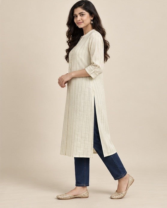 Off-White Linen Straight Kurti for Women with Button Detail