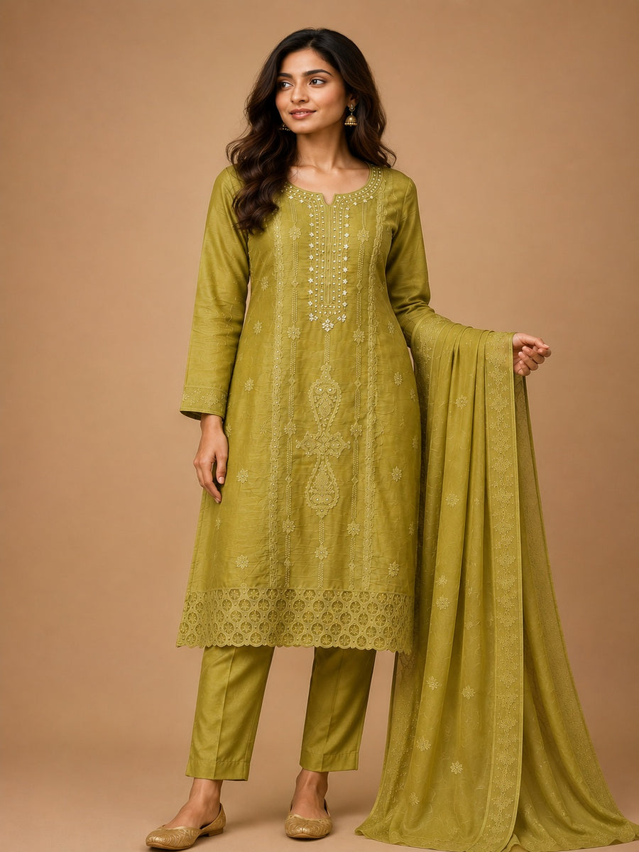 Lime Mal Chanderi Unstitched Dress Material with White Embroidery