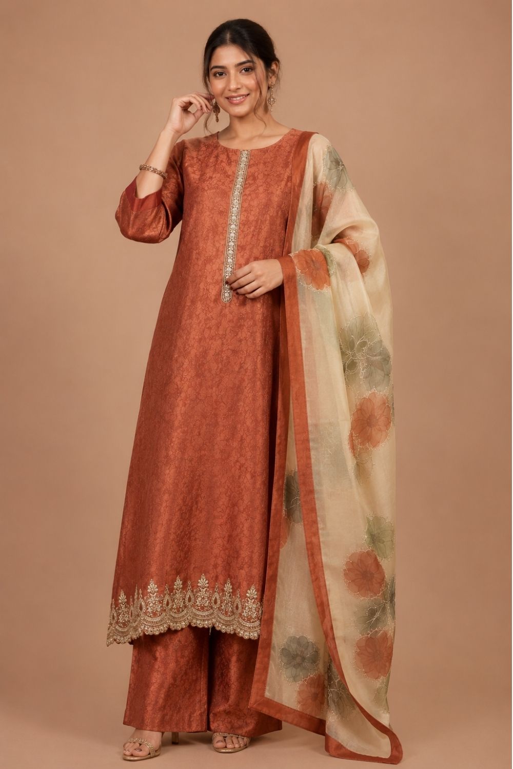 Orange Kanchi Silk Unstitched Dress Material with Printed Organza Dupatta
