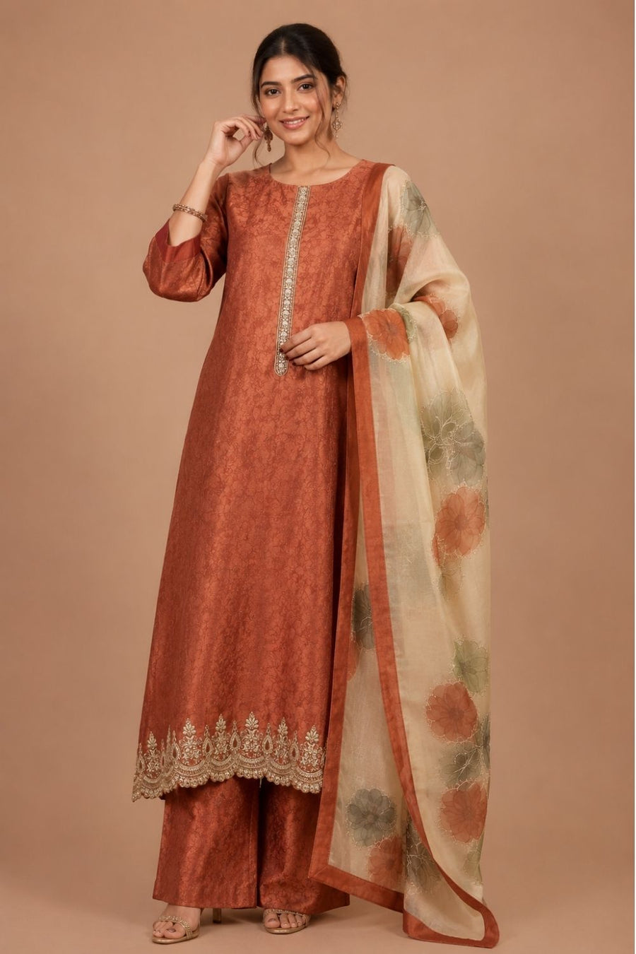 Orange Kanchi Silk Unstitched Dress Material with Printed Organza Dupatta